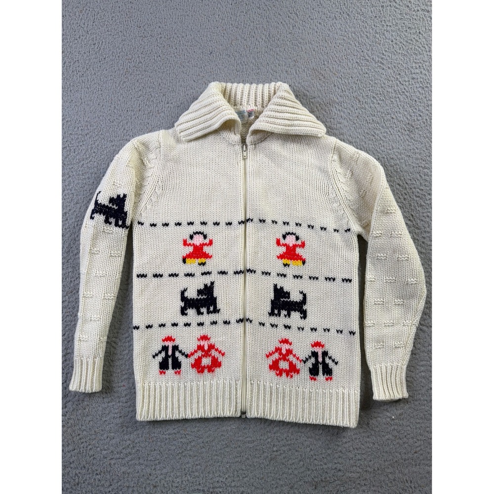 Vintage 70s Gimbels Full Zip Knit Cardigan Kids 10-12 Scottie Dog Made In Taiwan